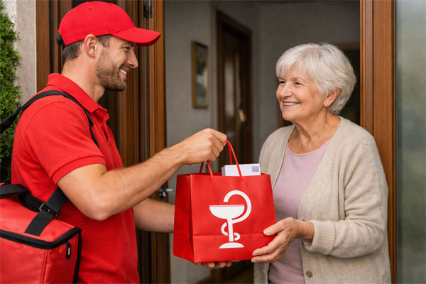 Bote übergibt Medikamente an ältere Frau